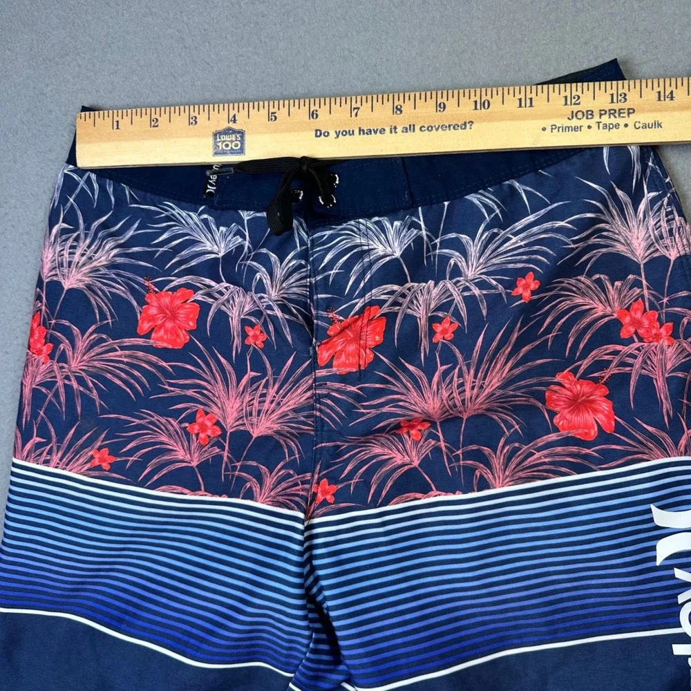 Hurley Boys Board Shorts Tropical Floral Striped Swim Trunks Size 14/27 Blue Red